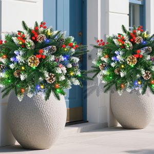 2pk prelit outdoor christmas trees extra large round 24x24 inch snow flocked light up christmas trees 120 led lighted christmas trees with timer function auto on/off 8 modes lighting