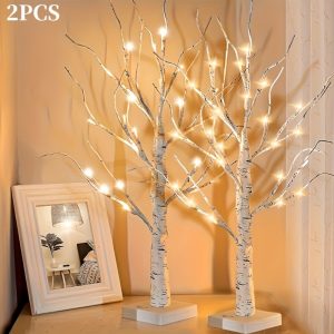 2pcs 24 led birch tree lights, easter twinkling tree ornaments with adjustable branches, 3aa&usb powered decorative lamp for party, c tree bhs002