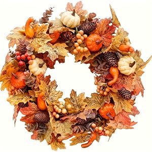 1pc 19.68 inch bohemian style autumn wreath autumn harvest and thanksgiving decoration, featuring pumpkins, berries, maple leaves, and imitation pine cones perfect for front door, indoor/outdoor use