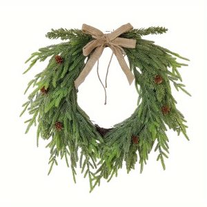 classic style 18.9" artificial norfolk pine wreath with bow and pine cones plastic christmas wreath for front door c wreaths nfks002