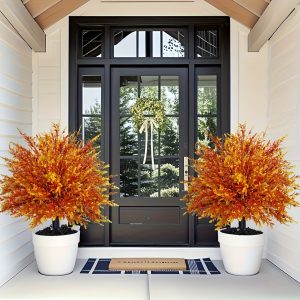21.6 inch artificial fall lavender eucalyptus with stakes uv resistant orange faux flowers, suitable for indoor and outdoor use, perfect for home, garden, office, weddings & seasonal events | no power needed, autumn decorative plants