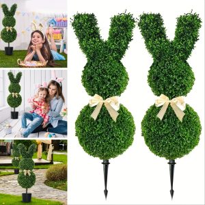 adorable rabbit shaped topiary trees set of 2, with big yellow bow 35.5in