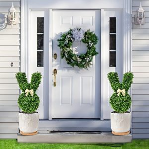 easter bunny tree artificial boxwood topiary with realistic white rabbit design, vibrant green foliage & brown base