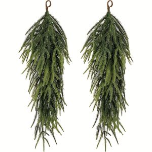 28" extra long artificial norfolk pine needle teardrop swag realistic evergreen garland with chains, heavy duty hanging loops for doors, mantels, tables, fireplace indoor/outdoor christmas, new year, wedding, home decor no maintenance needed, holiday home decor, mantel decoration, natural elegance, durable plastic foliage, vibrant color finish