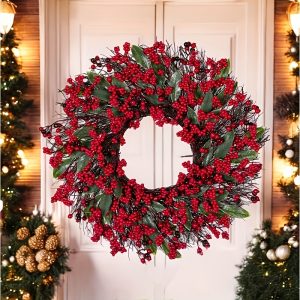 1pc rustic artificial christmas wreath with red berries & green leaves durable plastic, no electricity needed c wreaths jgly005