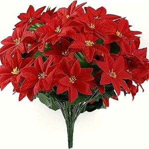 christmas artificial poinsettia plant 14" faux velvet red poinsettia bouquet, 7 head, set of 4/6 c flower yph002