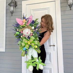 1pc cartoon bunny door wreath vibrant easter, spring, mother's day & christmas decor with colorful eggs & flowers, plastic, no electricity needed, seasonal door decoration | playful design | durable plastic, bunny decor for christmas, halloween decorations, fall home decor collectible figurines