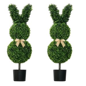 1pc rabbit shaped topiary trees 3ft high artificial boxwood swaying ears and brown bow tie uv resistant indoor &outdoor decor