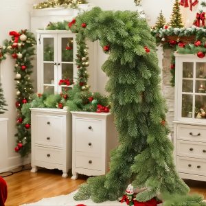2pcs artificial pine branch garland with red berries, suitable for outdoor and indoor all weather decoration, no electricity required, featherless plastic greenery wreath for christmas, halloween, easter, valentine's day, thanksgiving, st. patrick's day, fence, window, fireplace mantel, table centerpiece, year round home gardening decor, classic berry design, weather resistant material, holiday shopper, christmas wreath for door, cypress with berries, christmas garland, advent wreath