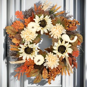 1pc 60cm/23.62 inch rustic farmhouse autumn wreath sunflower pumpkin fall foliage door hanging decor for thanksgiving halloween, outdoor indoor seasonal home decoration, halloween decor