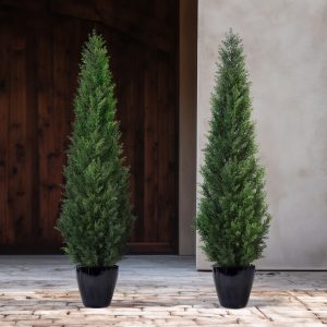 outdoor artificial topiary cedar tree 1pc/2pcs fake uv rated potted plants 3/4/5ft faux pine bushes and shrubs for front porch home office decor