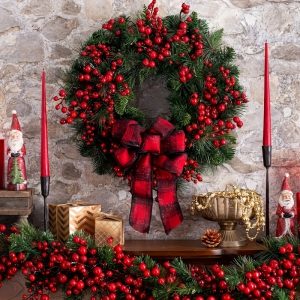 1pc classic christmas wreath 13.8" unlit plastic wall hanging holiday decor with berries and bow for front door c wreaths szjg004