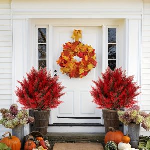 2 sets large scale artificial korean pine/cedar topiary ball trees uv resistant outdoor/indoor fake plants with ground spike base, realistic orange red fall foliage, low maintenance year round decor for christmas, halloween, thanksgiving, hanukkah, easter no watering/electricity needed perfect for porch, garden, home decoration, seasonal display plants, fall color decor, spike base stability