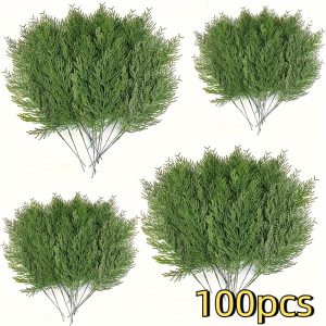 100pcs artificial cedar sprigs lifelike green pine branches, 13.7" durable plastic for christmas c plants xby005