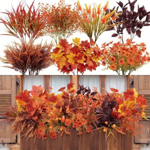 decorative 16 bunch artificial autumn flowers, uv resistant plastic fall decor for indoor and outdoor use, thanksgiving and halloween garden window home decoration