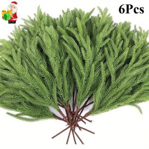 6pcs extra long 17.32" artificial pine branches realistic evergreen fir like look, heavy density plastic greenery for christmas, thanksgiving, wreaths, garlands, home, office, party decor no maintenance needed, indoor/outdoor use ideal for diy crafts & holiday decorations, festive arrangement, bundle presentation, highquality imitation